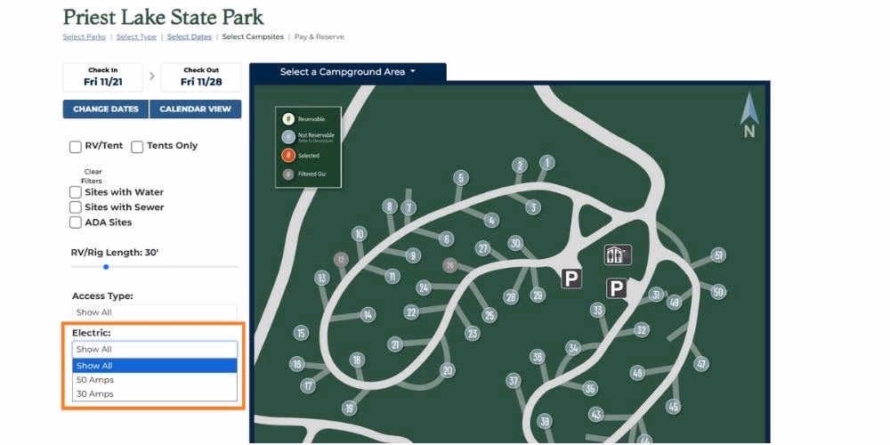 Campgrounds offer specific amp service shore power hook ups